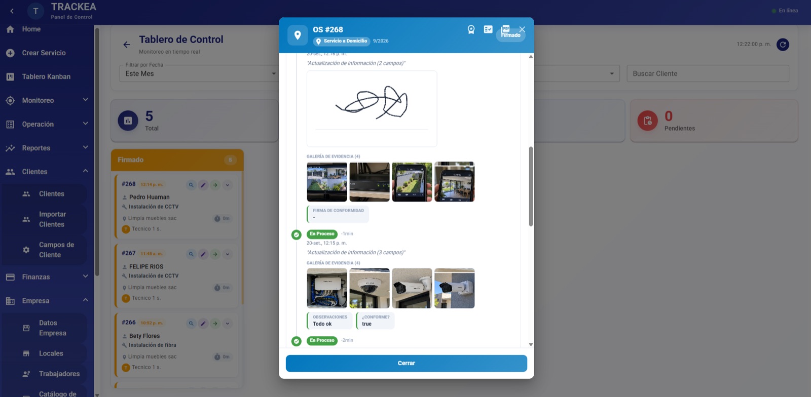 Tablero Kanban de TRACKEA con la orden de instalación de CCTV en estado Firmado y su detalle con las fotos