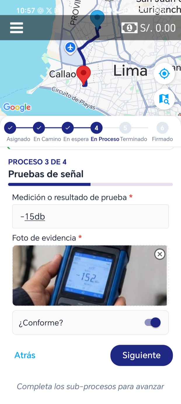 Evidencia en la app: medición o prueba de servicio con foto obligatoria