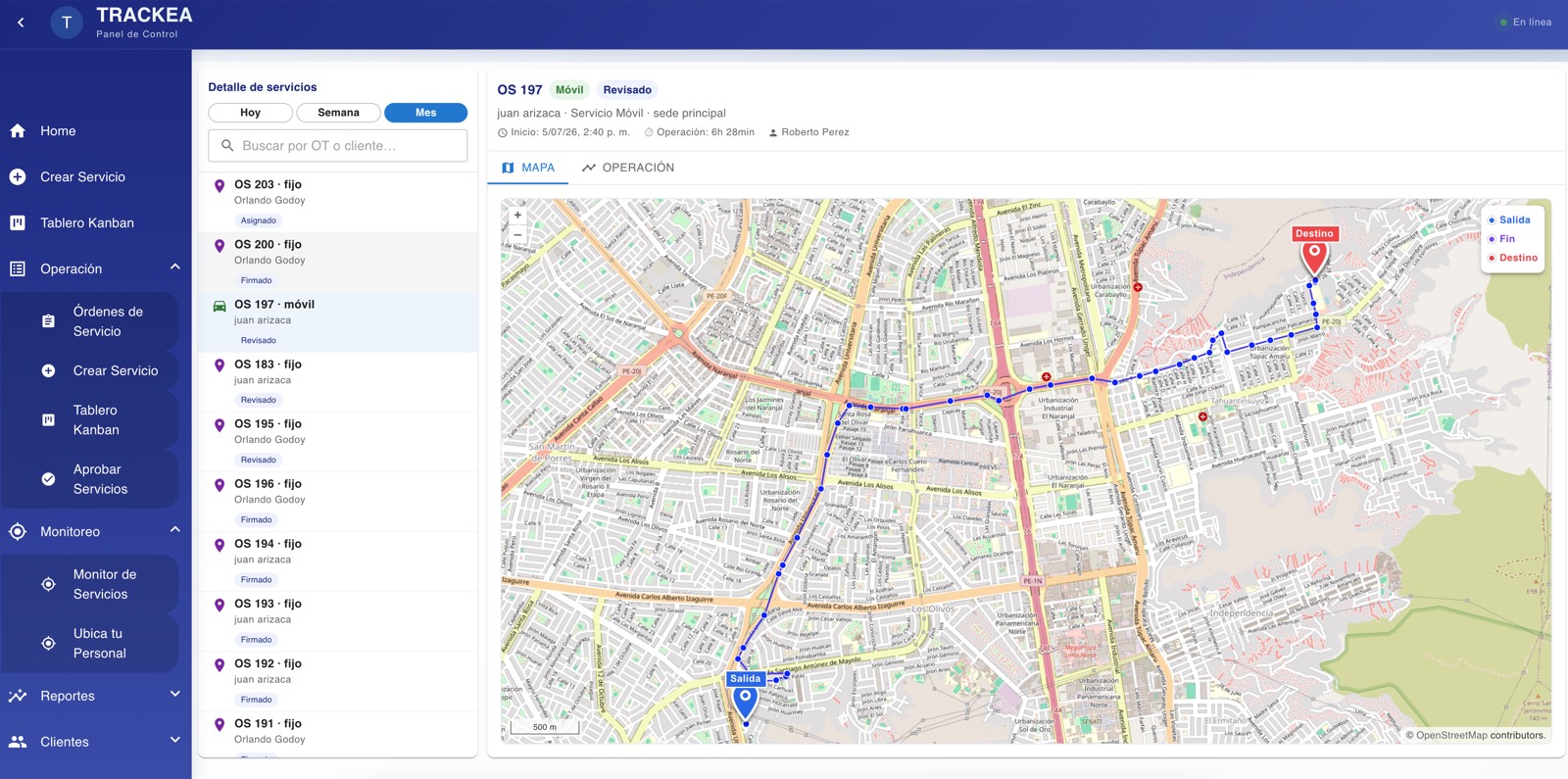 Monitor de rastreo de personal de campo con la ruta GPS trazada en el mapa