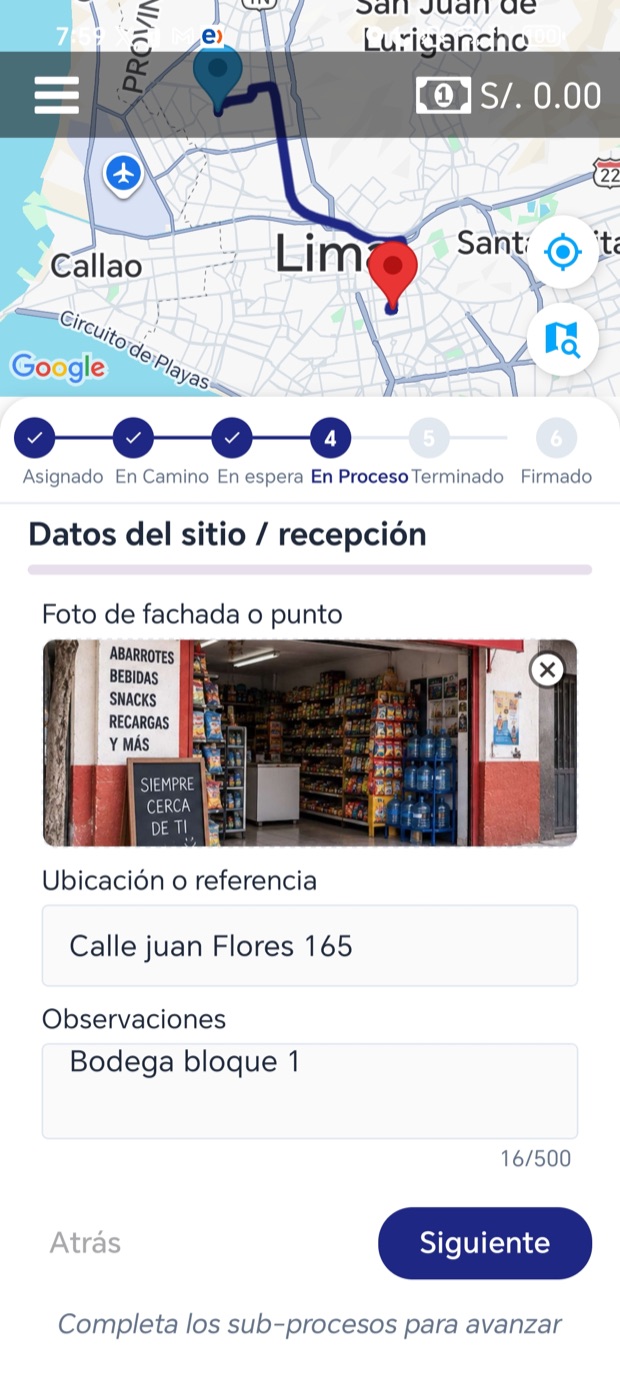 App Trackea: el mercaderista recibe la visita con la tienda y la dirección en el mapa