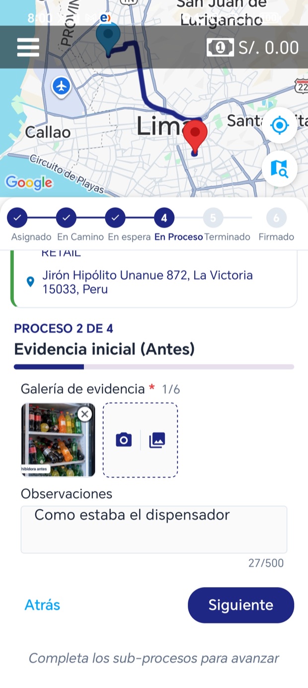 El vendedor registra la visita con foto y observaciones desde la app