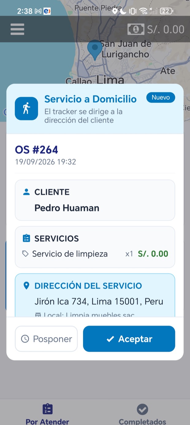 App Trackea: el técnico recibe el servicio de limpieza a domicilio con cliente y dirección